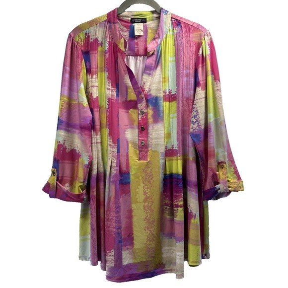 Cocomo Tops - Cocomo Women's Top Blouse Size XL Pink Yellow Artsy 3/4 Sleeve Pullover Slinky